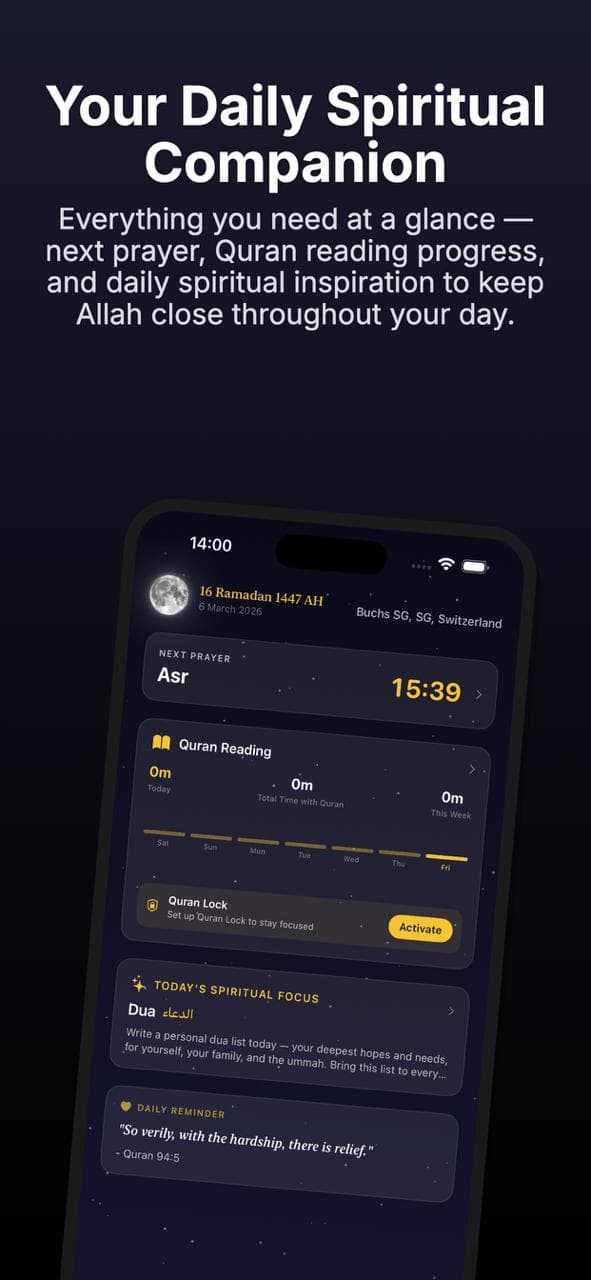 Hilal home screen — prayer, Quran reading, daily reminders