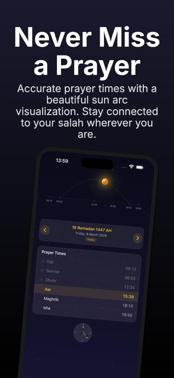 Prayer times with sun arc visualization